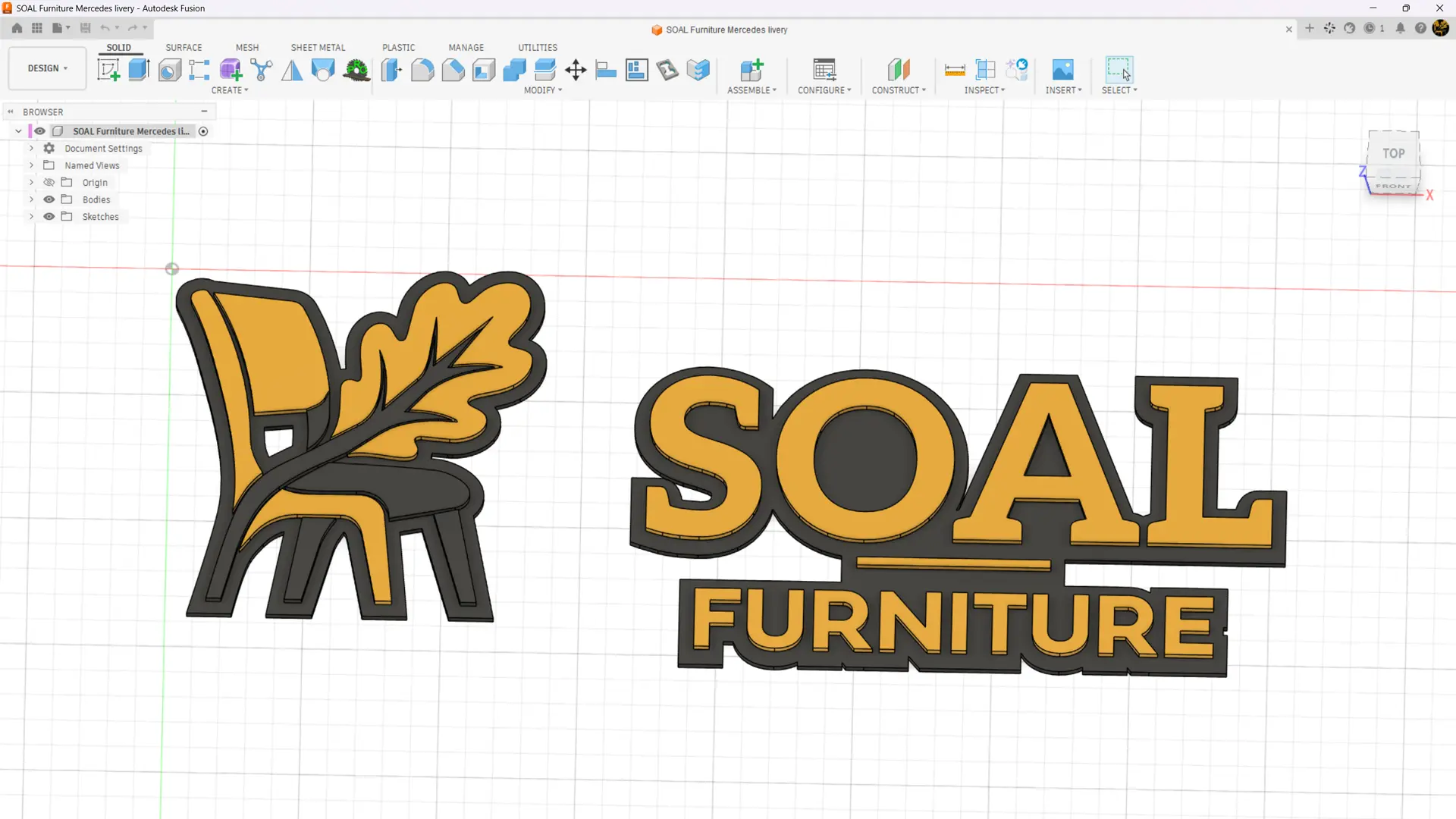 Fusion 360 workspace showing the layered black and gold SOAL Furniture acrylic logo and chair emblem