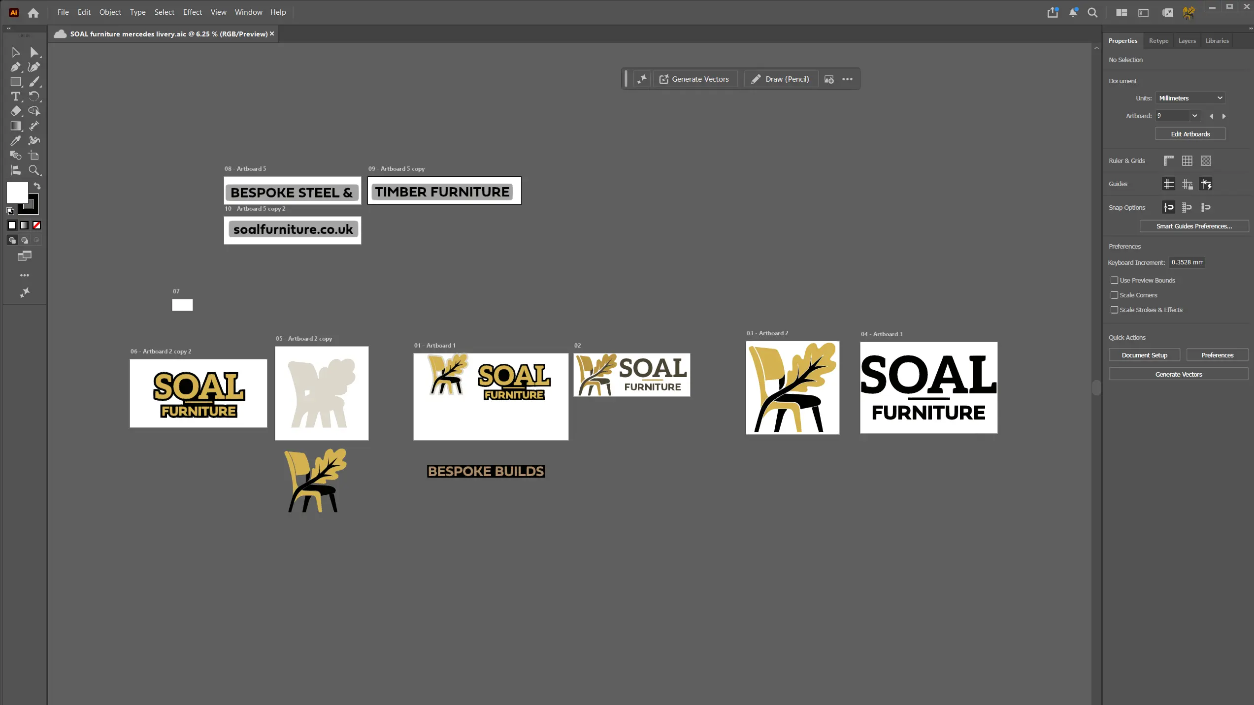 Adobe Illustrator workspace showing SOAL Furniture logo, van branding and signage designs